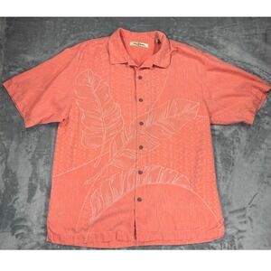 Tommy Bahama Mens Large Coral Orange 100% Silk Embroidered Leaf Camp Shirt L